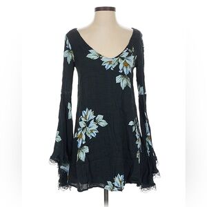 Free People Wanderer Mini Dress in Navy Teal Floral Combo Bell Sleeve Flowy XS